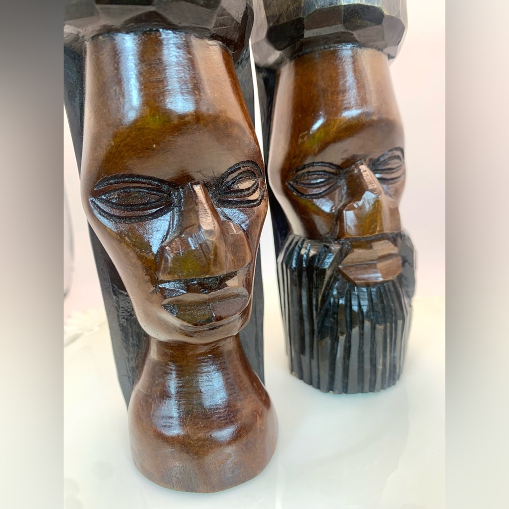 Jamaican Handmade Carved Wooden Busts of Tribal Couple - Vintage - Folk Art - Picture 3 of 9